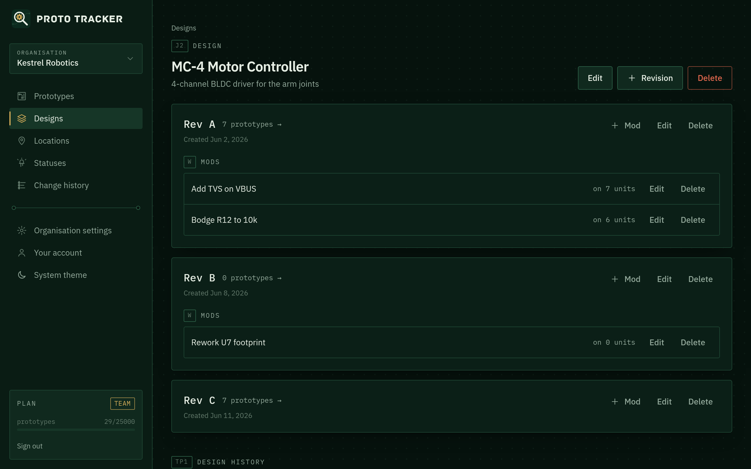 Design page with revisions and mods