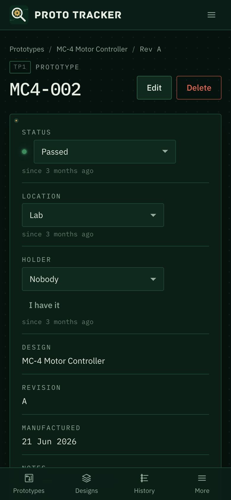 Proto Tracker on a phone showing a prototype's status and location