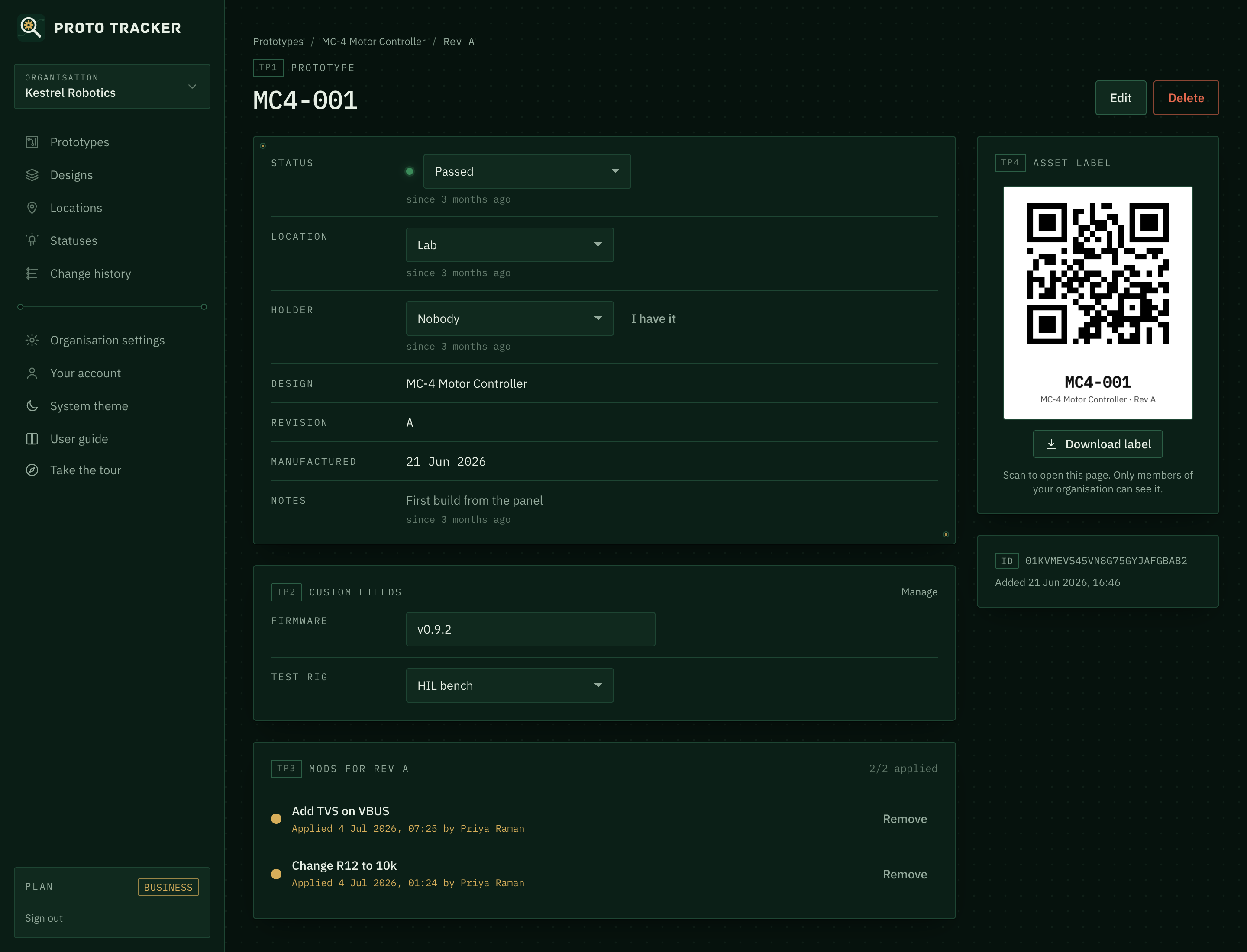 A prototype page showing two mods applied with the date, time, and engineer, plus a QR asset label