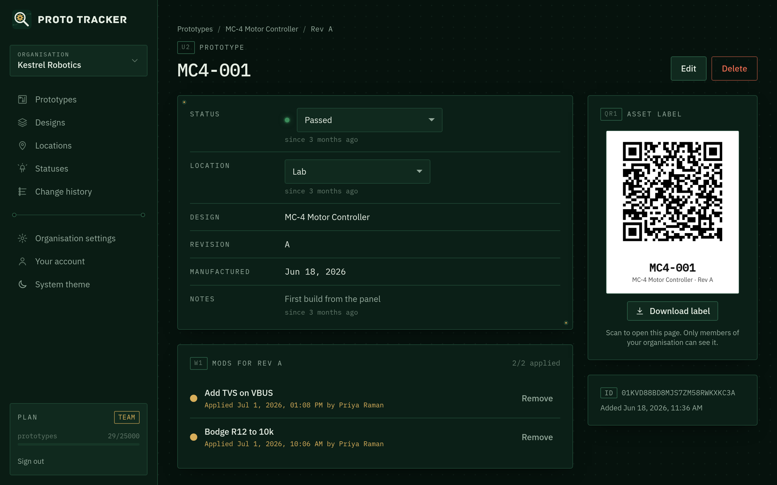 Prototype page with mods and QR label