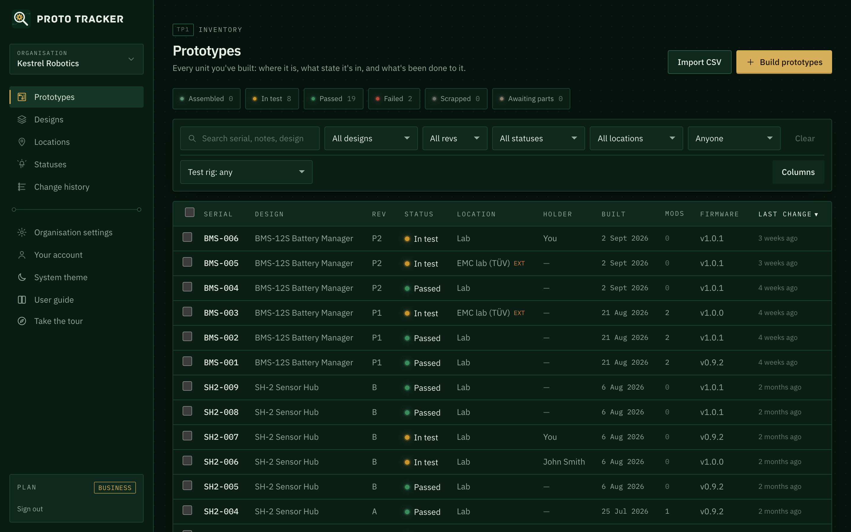 Proto Tracker prototype list showing serials, designs, revisions, statuses, locations, and holders